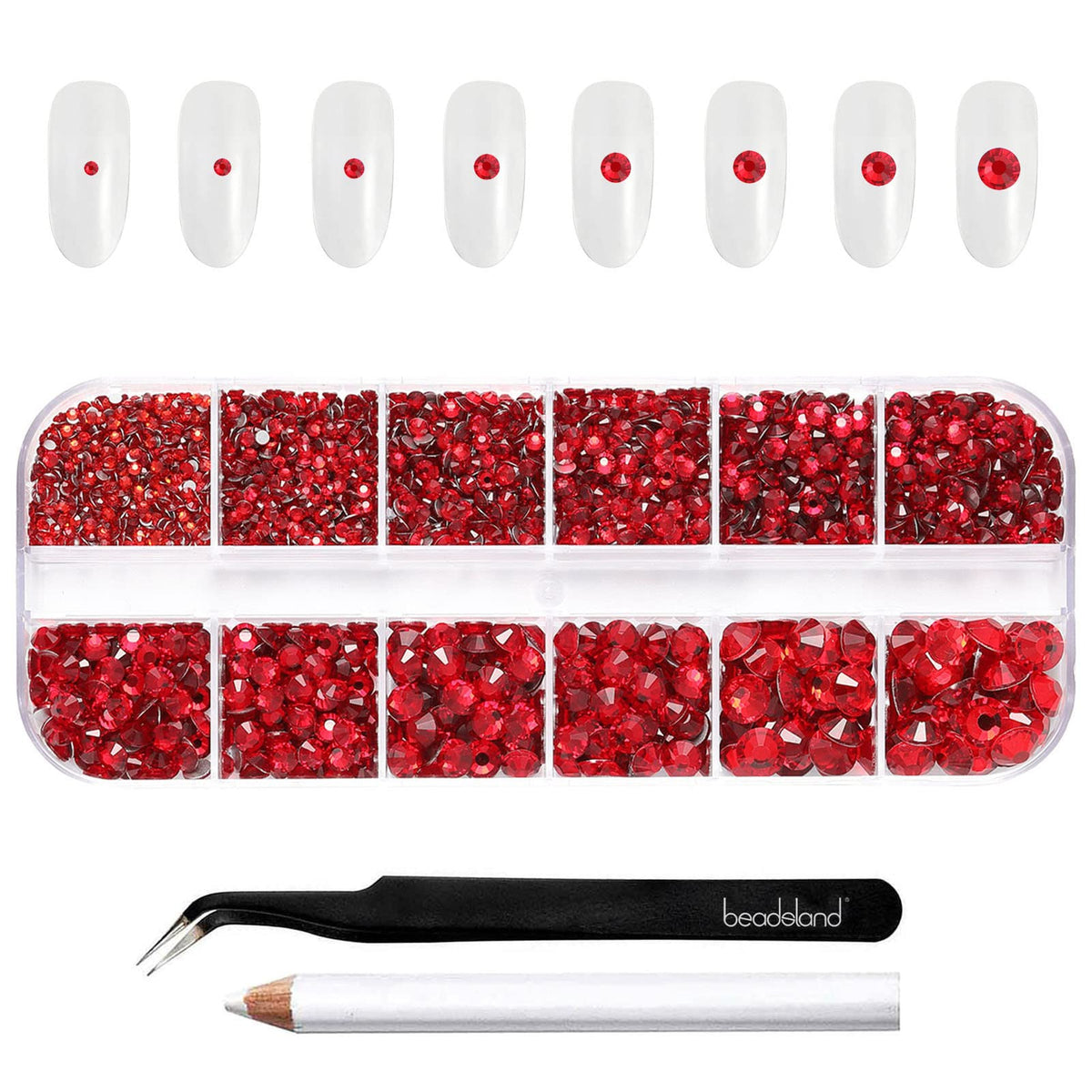 BEADSLAND cristales flatback rojos, SS4-SS6, ideal para uñas y manualidades con brillo.