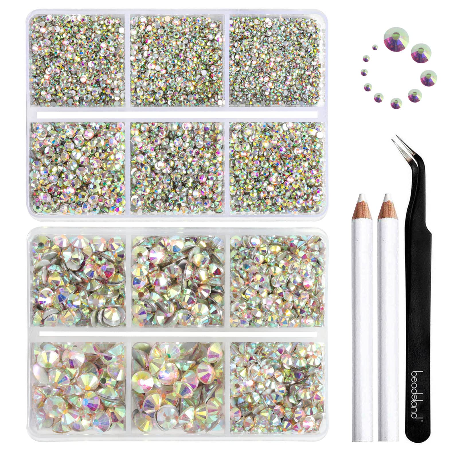 BEADSLAND cristales flatback Crystal AB para uñas y manualidades, brillo intenso.
