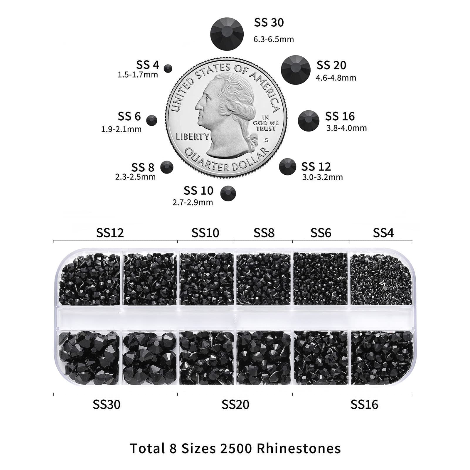 Beadsland cristales negros SS4-SS8 brillantes para uñas y maquillaje.