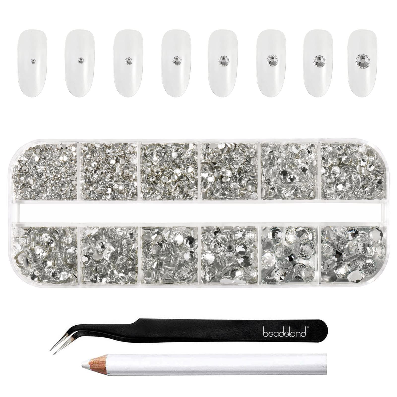 Beadsland rhinestones kit with eight sizes and grid packaging for easy selection