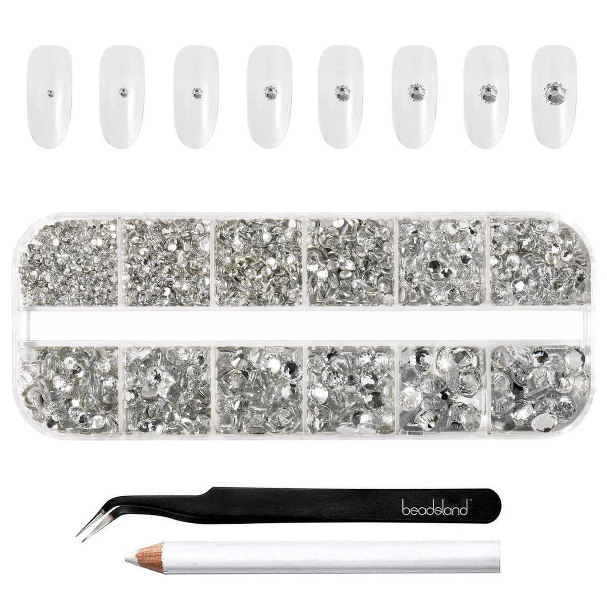 Beadsland rhinestones kit with eight sizes and grid packaging for easy selection