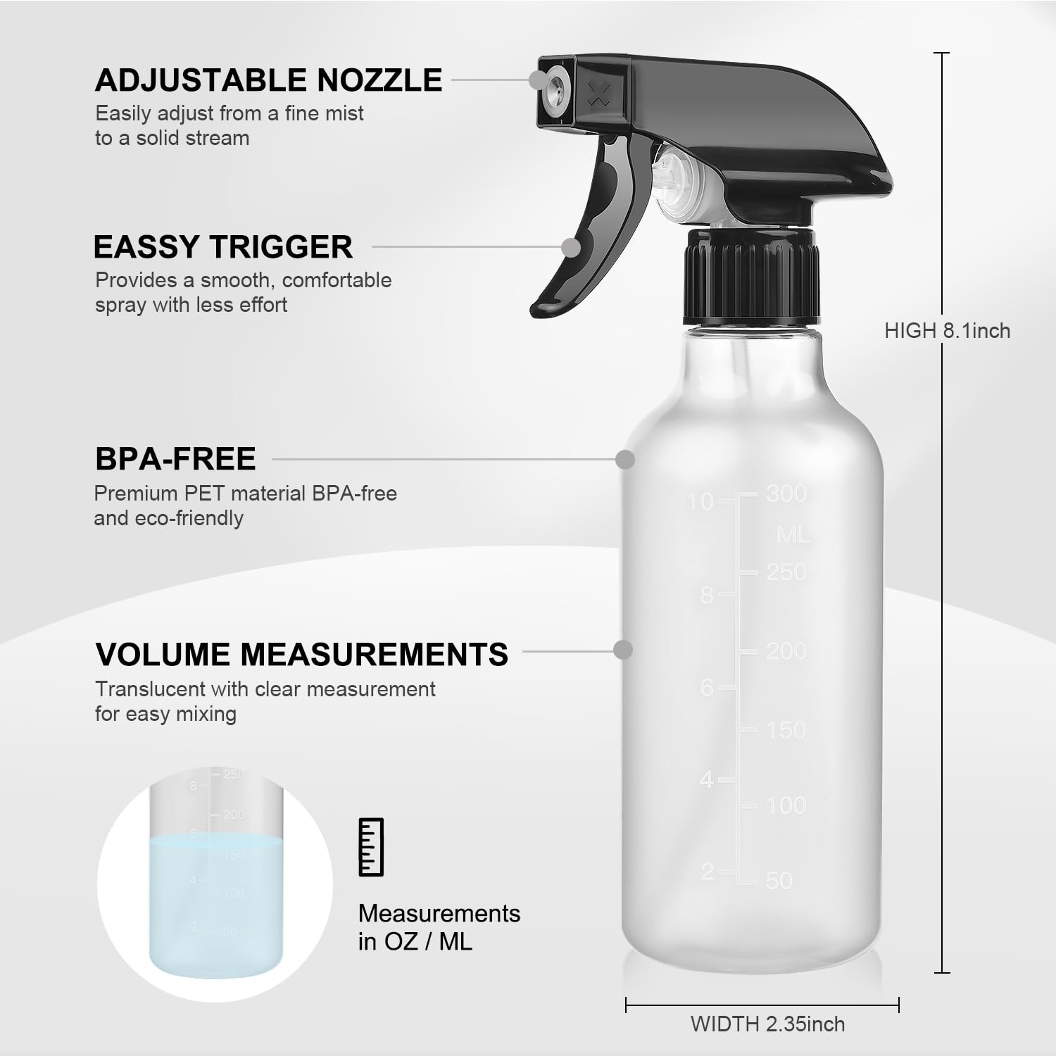Bealee spray bottle BPA-free material keeps contents safe.