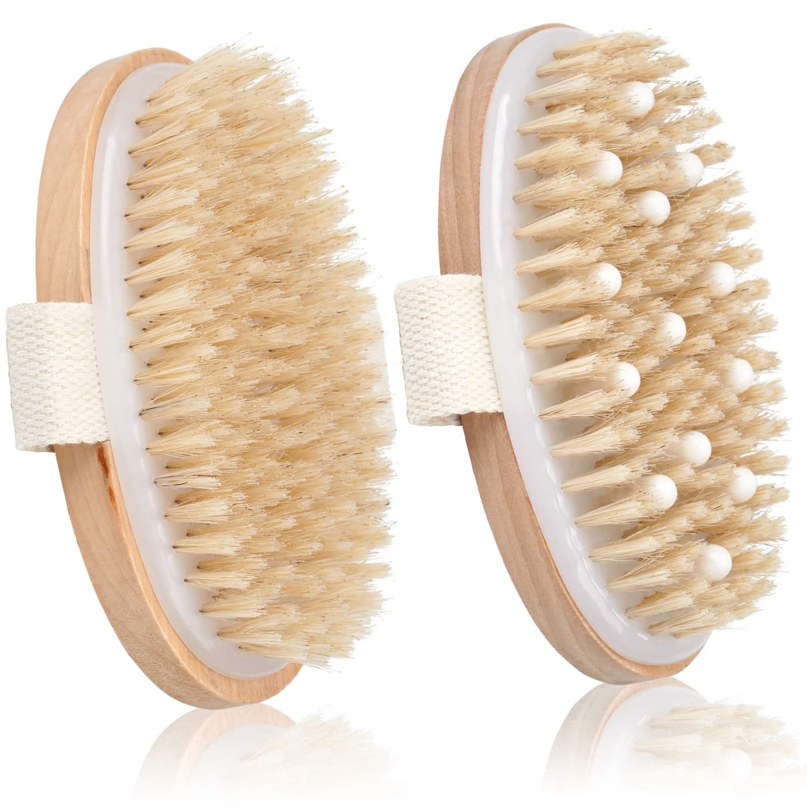 Bealihelp dry brush in hand shows ergonomic grip for precise exfoliation.
