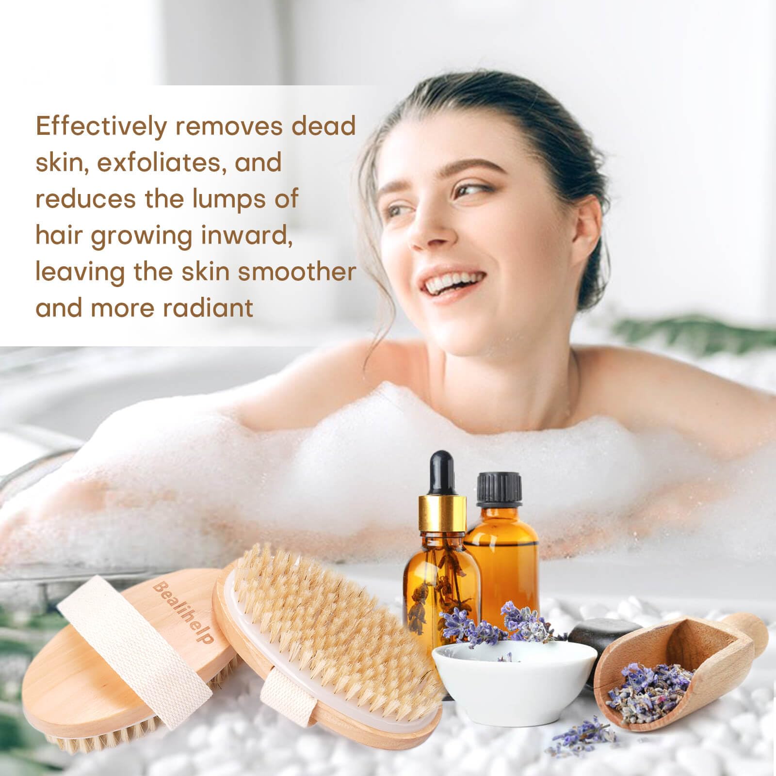 Bealihelp two-pack set image displays complete body brushing routine.