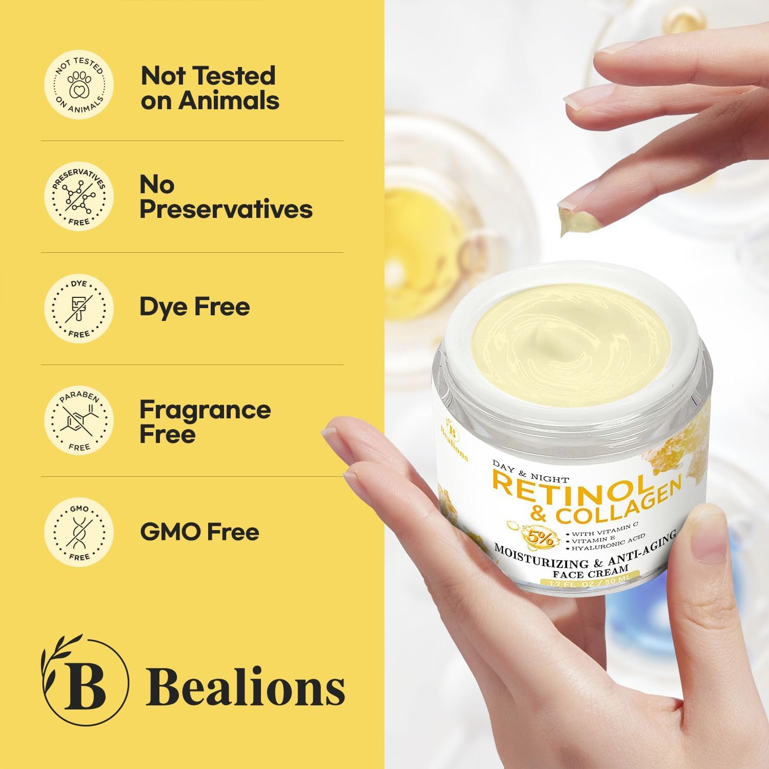 Bealions retinol cream applied to the face as part of nightly routine.