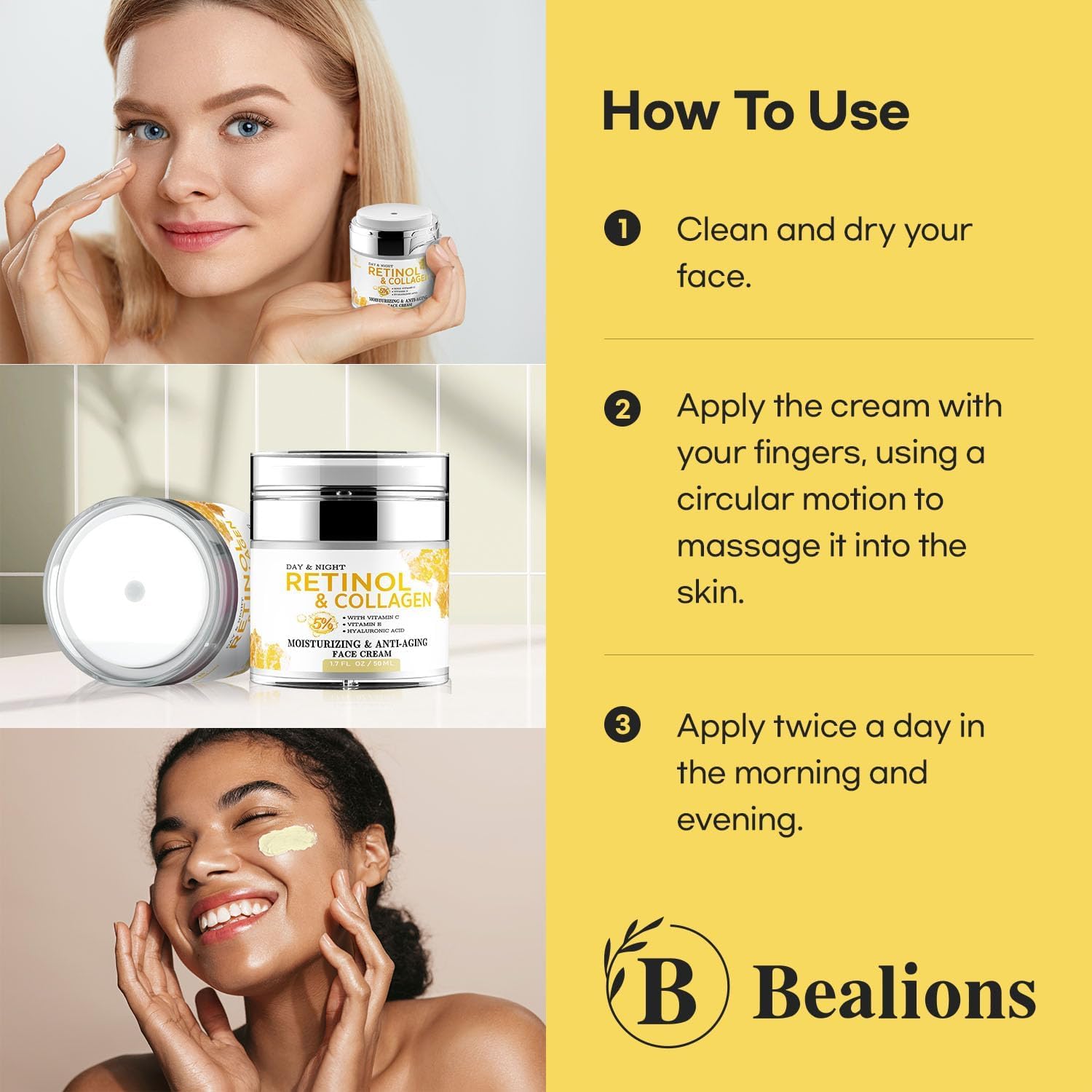 Bealions retinol cream may support skin firmness and elasticity.