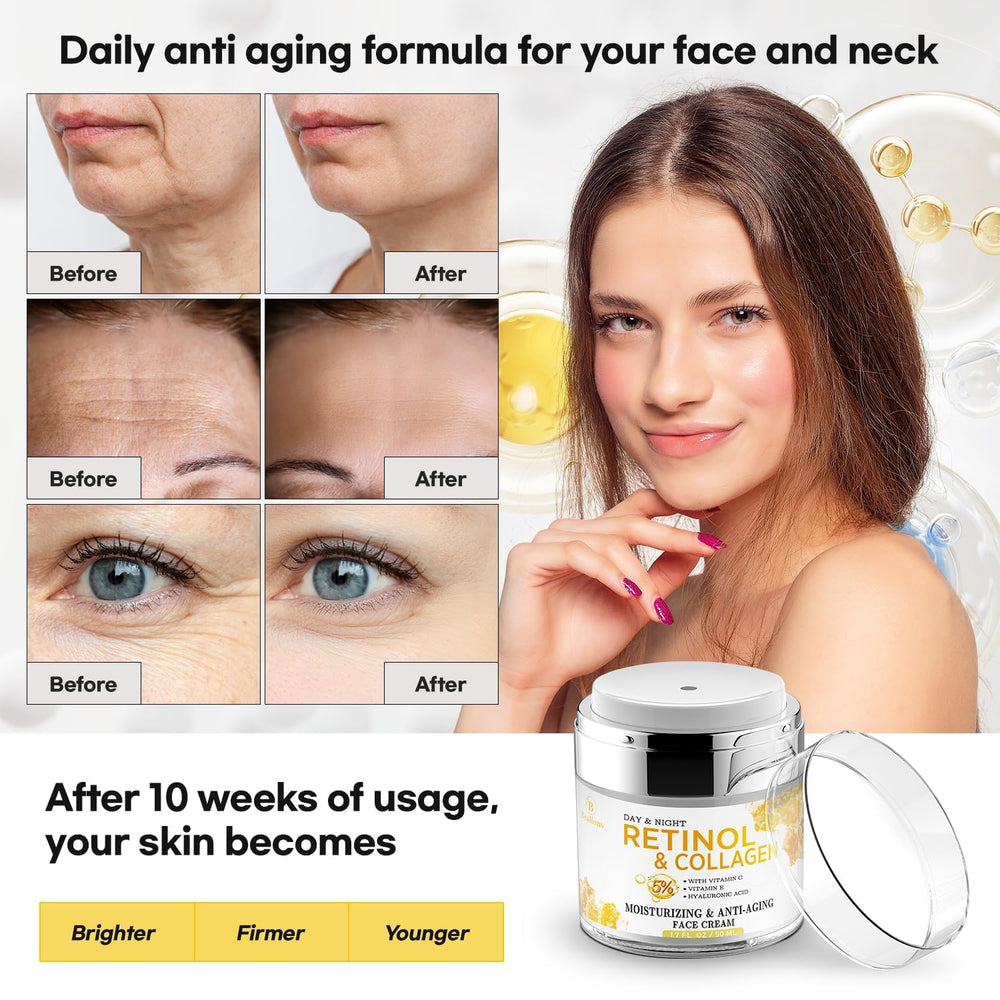 Bealions retinol cream ingredient panel highlights collagen and hyaluronic acid.