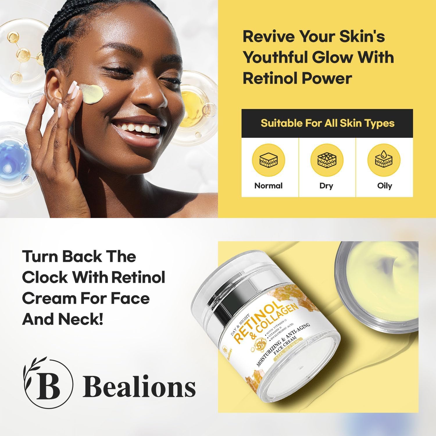 Bealions retinol cream lightweight texture provides comfortable nightly hydration.