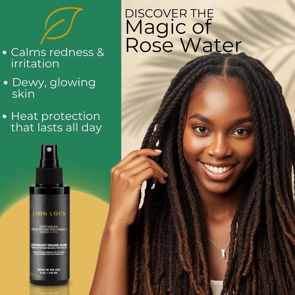 Beard Gains Rosewater mist applied to locs for refreshing hydration.