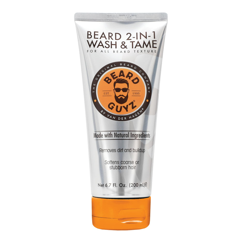Bearded man using Beard Guyz 2-in-1 wash for deep cleanse of beard and skin