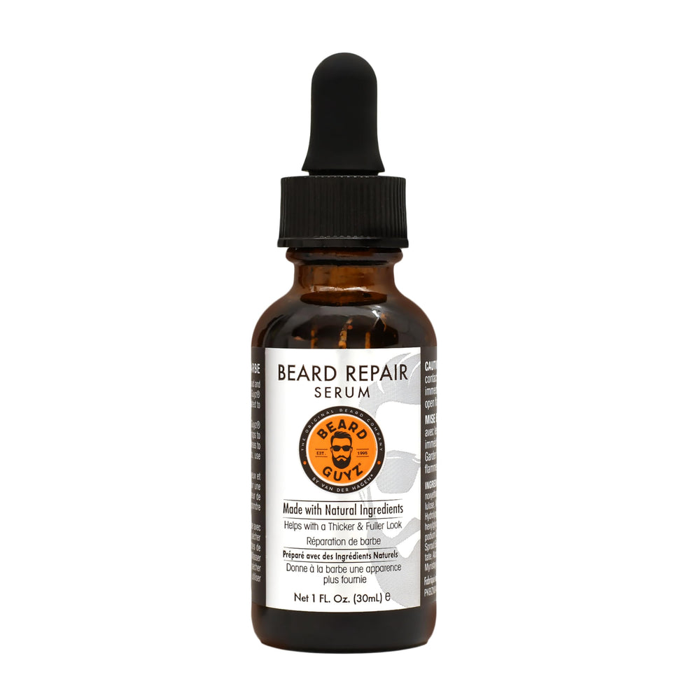 Beard Guyz Beard Serum bottle with dropper delivering lightweight hydration for facial hair.