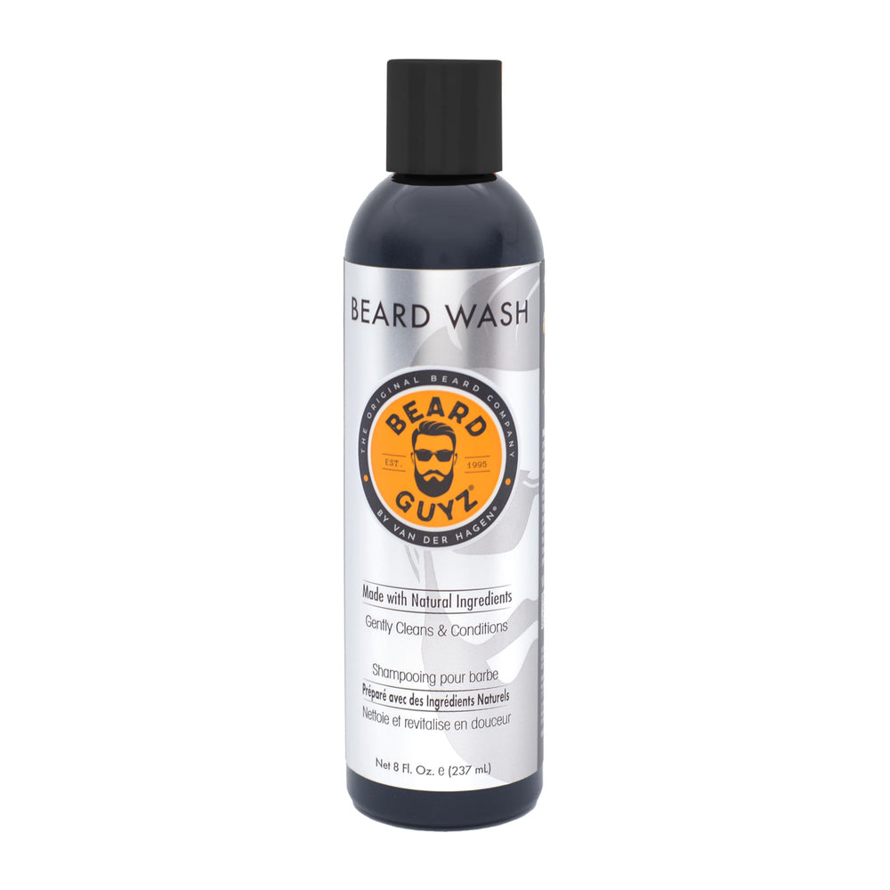 Beard Guyz Beard Wash bottle-front view highlighting argan oil for daily beard cleansing.