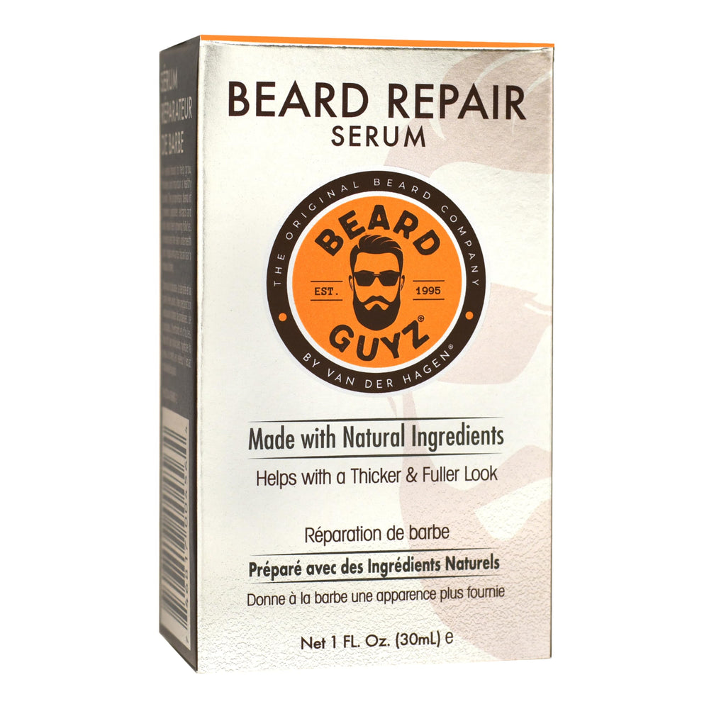 Vitamin E packaging beside Beard Guyz Serum bottle indicating enriched care.
