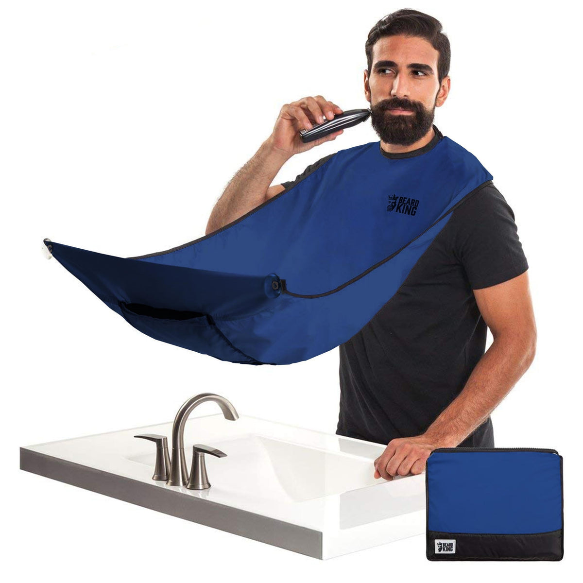 BEARD KING beard bib apron front view catching hair during shaving for a cleaner bathroom
