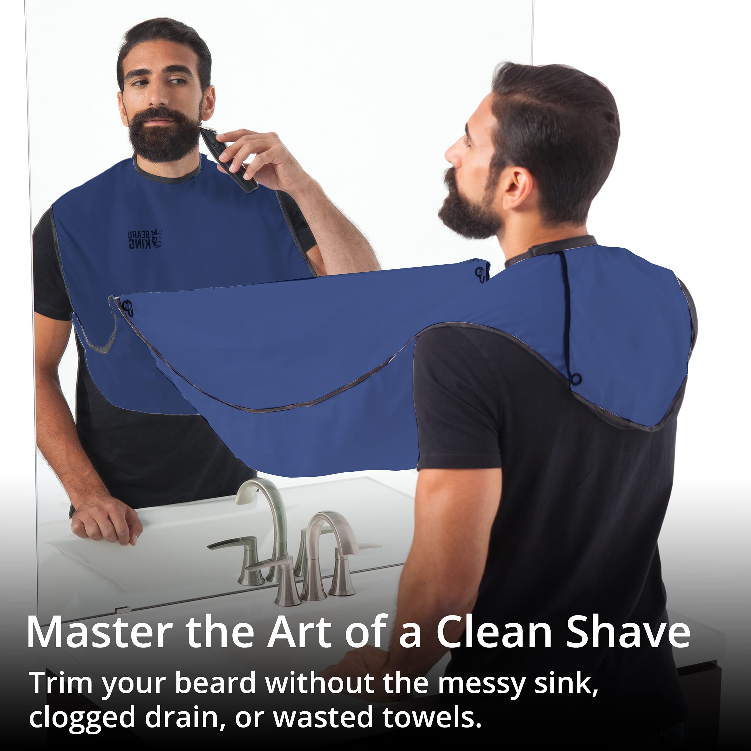 BEARD KING beard bib apron side view shows neck collar and secure fit for precise grooming