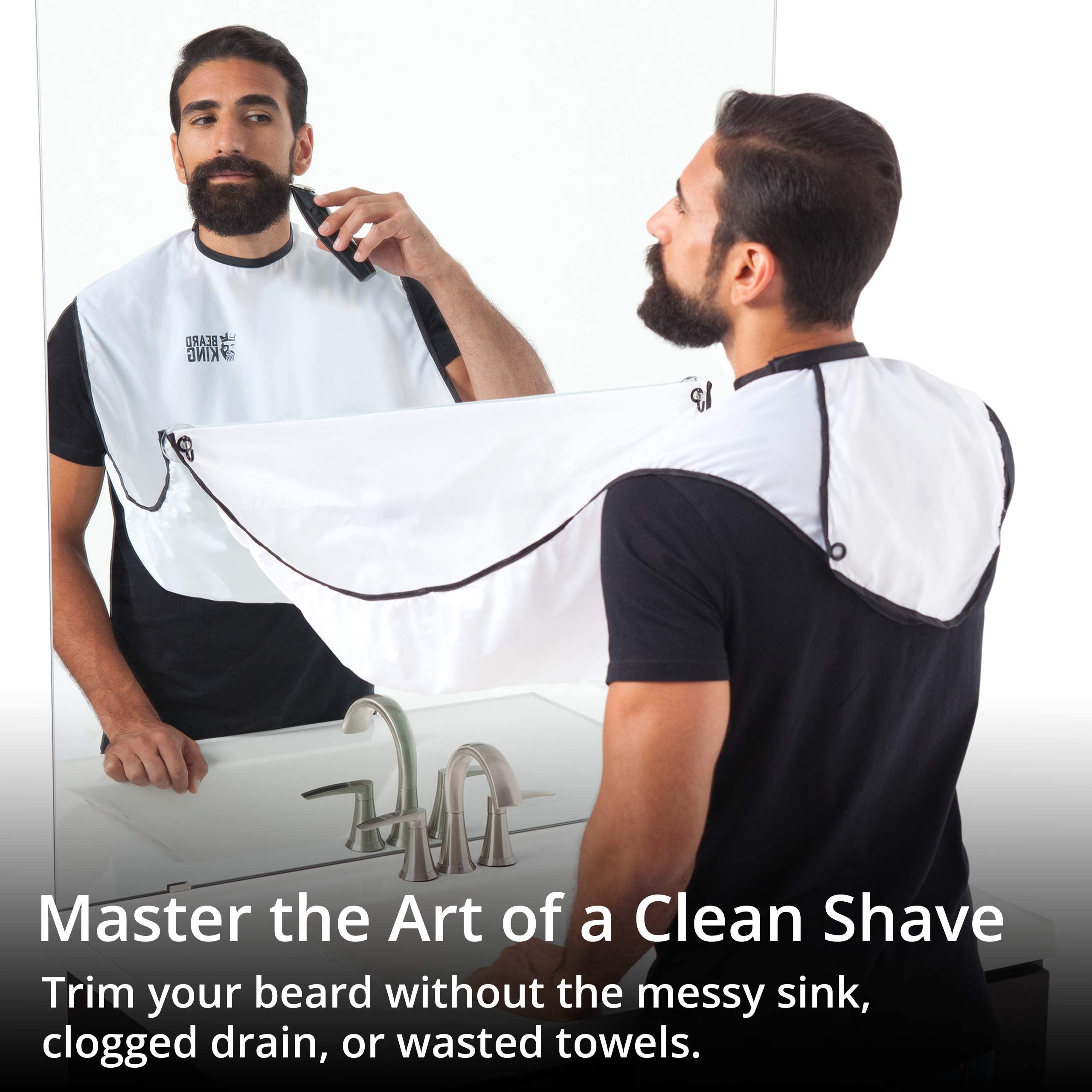 Beard King beard bib apron suction-mirror setup captures hair clippings efficiently.