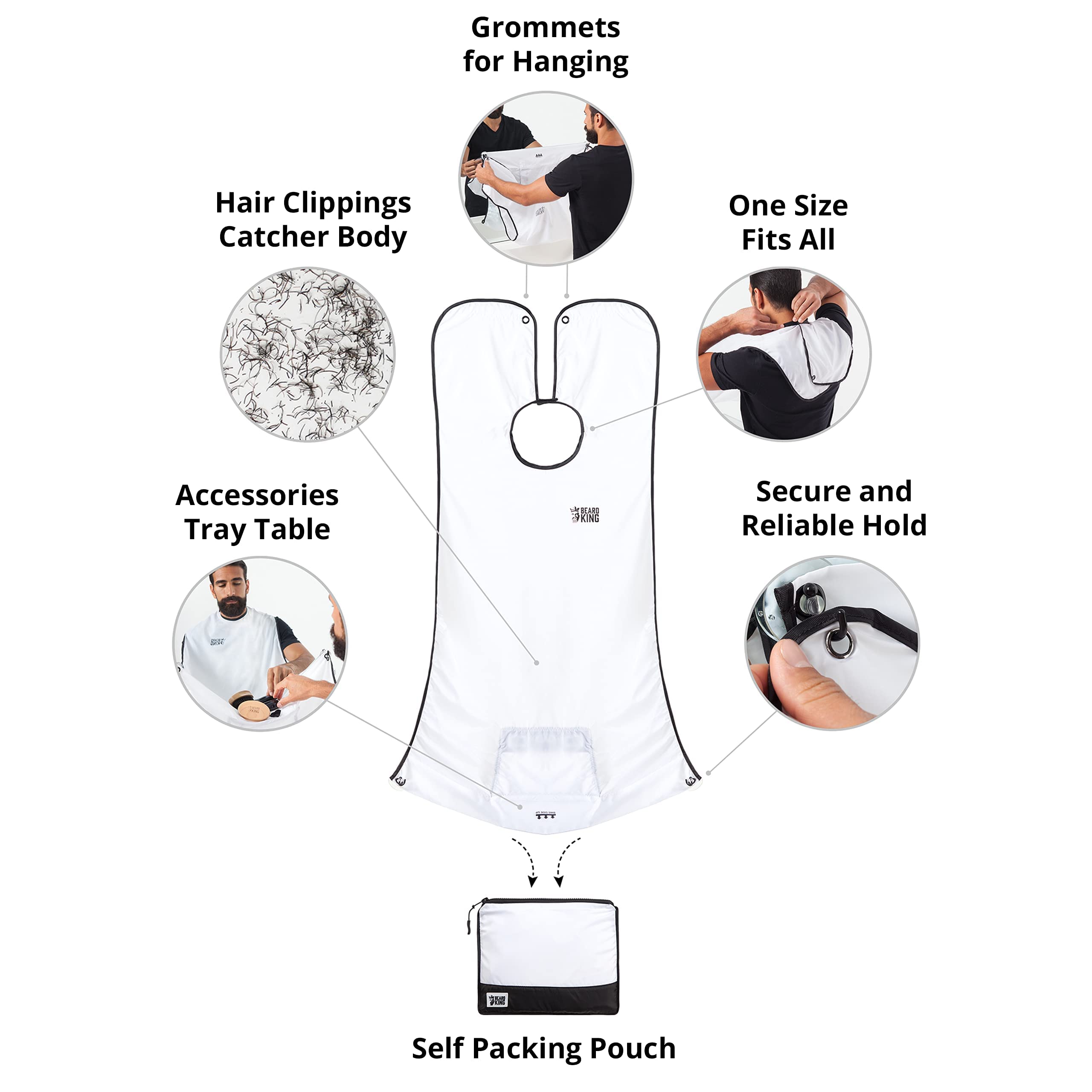 Beard King beard bib apron includes built-in-tray for grooming tools.
