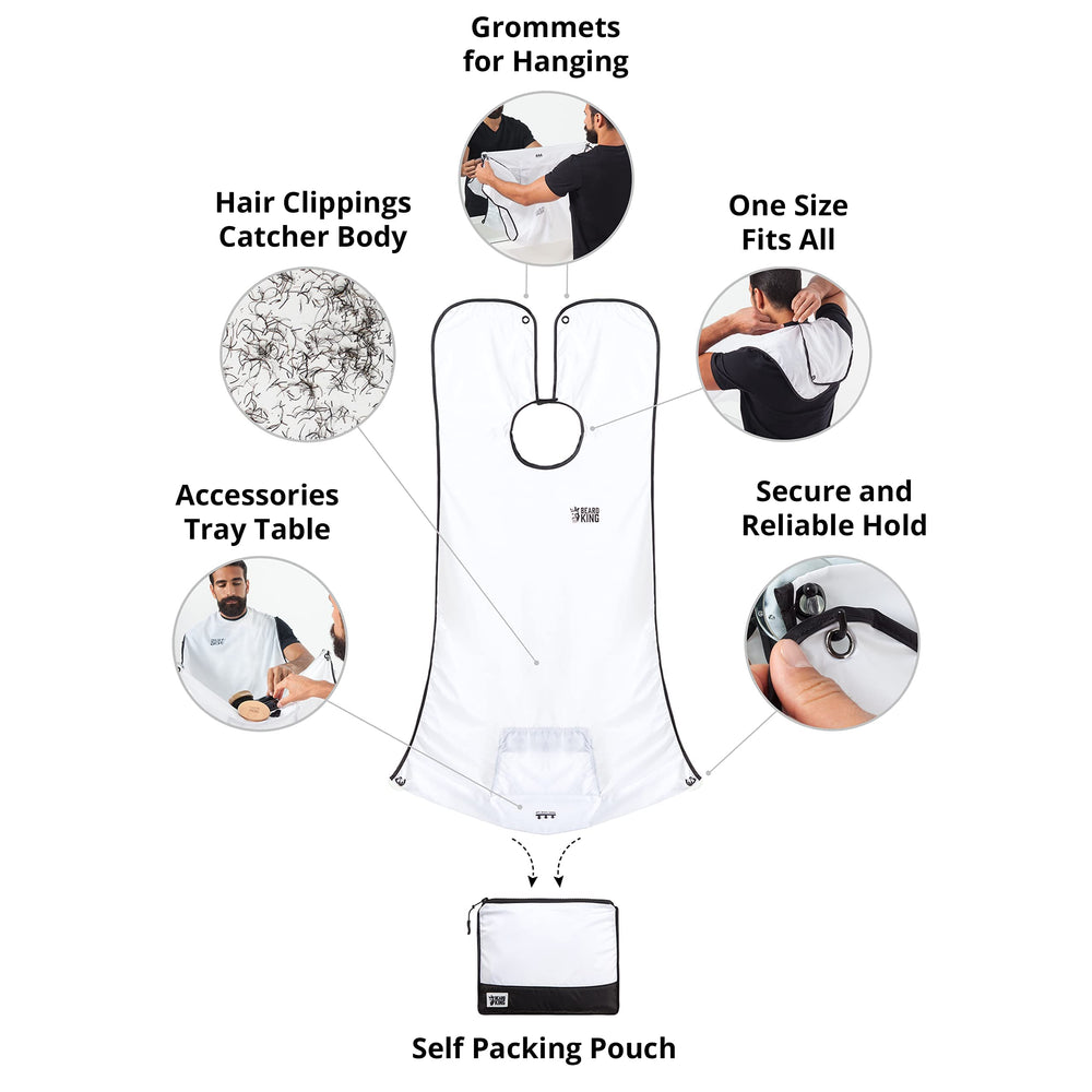 Beard King beard bib apron includes built-in-tray for grooming tools.