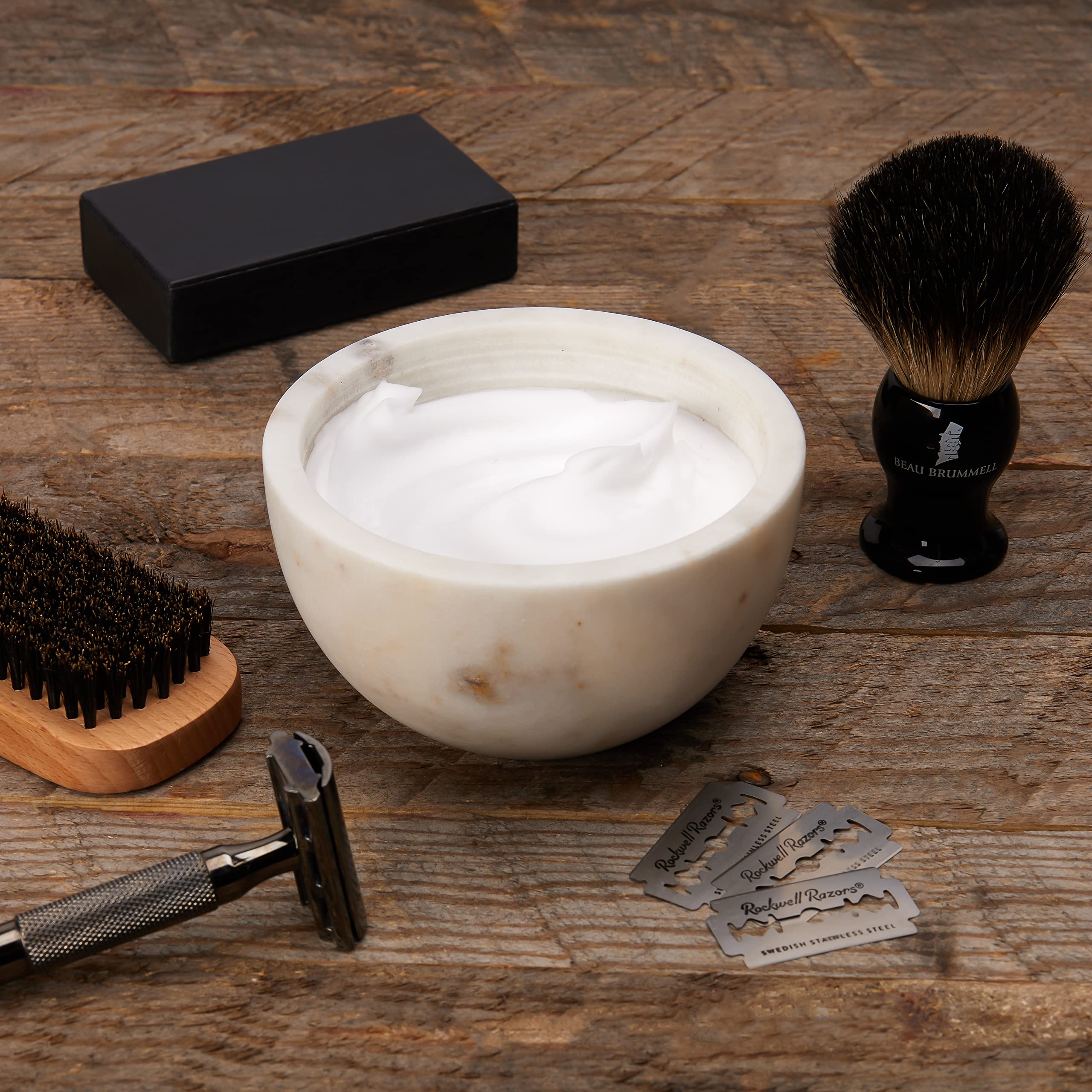 Beau Brummell marble shaving bowl elevates daily routine with premium stone heat retention.