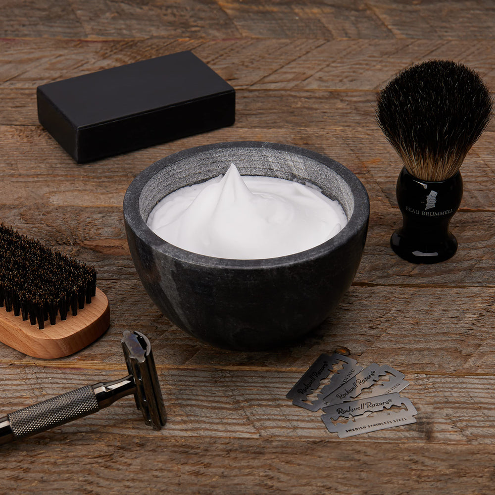 Beau Brummell marble shaving bowl elevates daily grooming ritual.