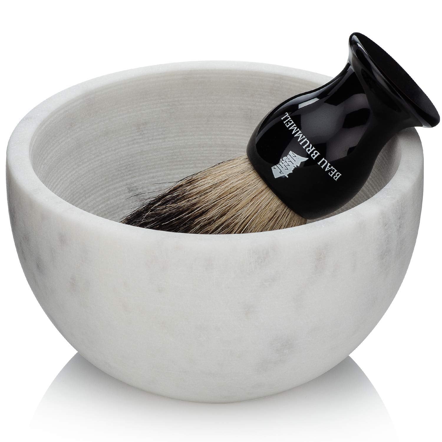 Beau Brummell marble shaving bowl lather-ready interior grooves create dense soap textures.