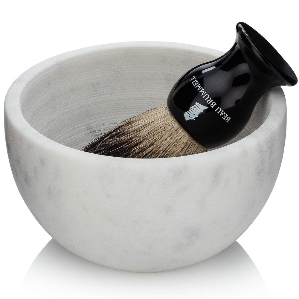 Beau Brummell marble shaving bowl lather-ready interior grooves create dense soap textures.