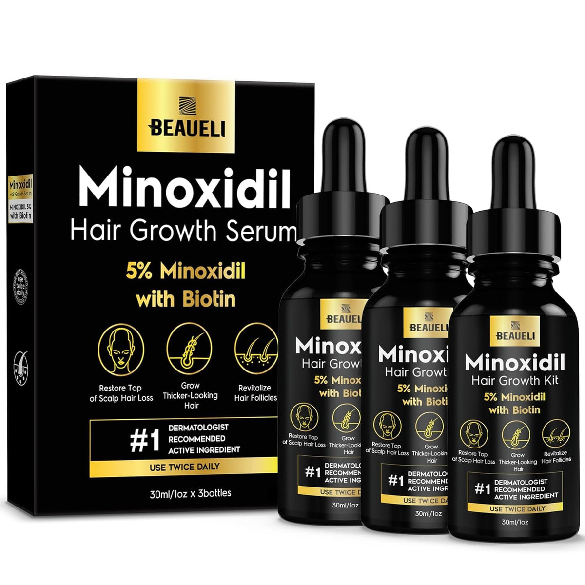 Beaueli 5% Minoxidil bottle for targeted scalp treatment.