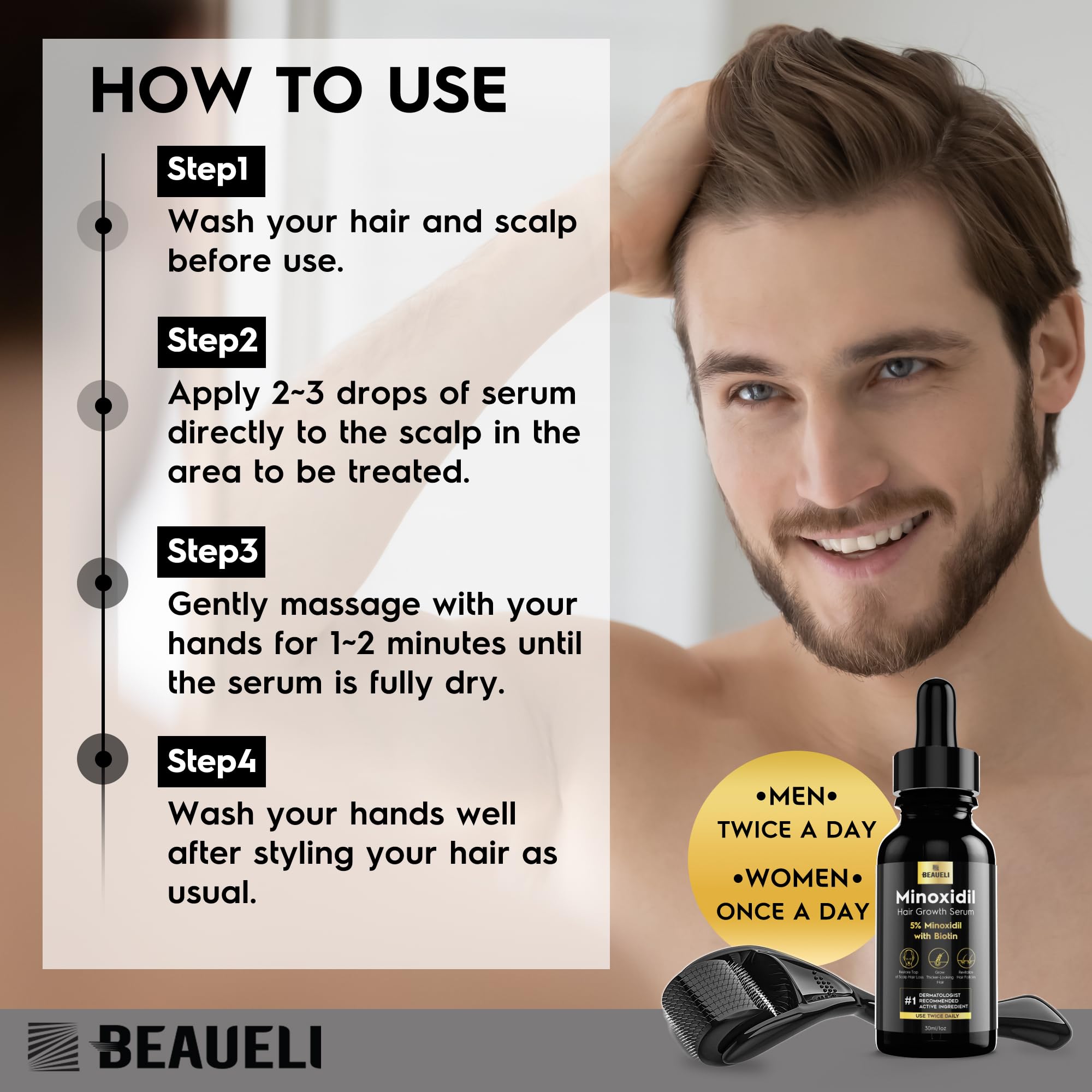 Beaueli bottle shown near the scalp for easy daily use.