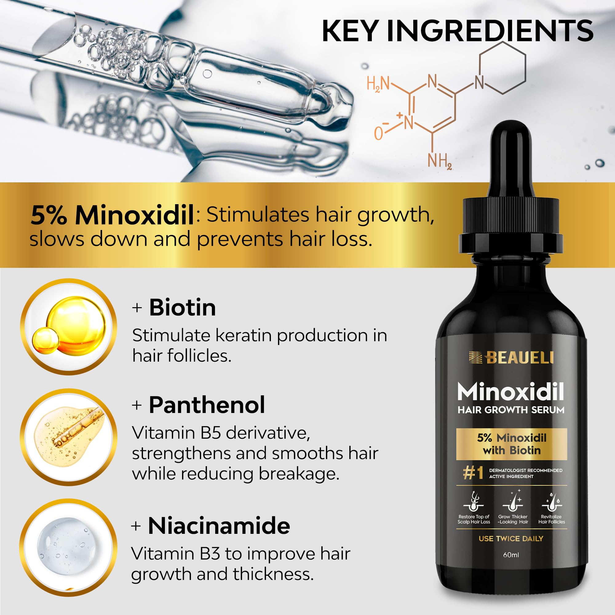 Beaueli biotin-enriched serum bottle highlighting nourishing formula.