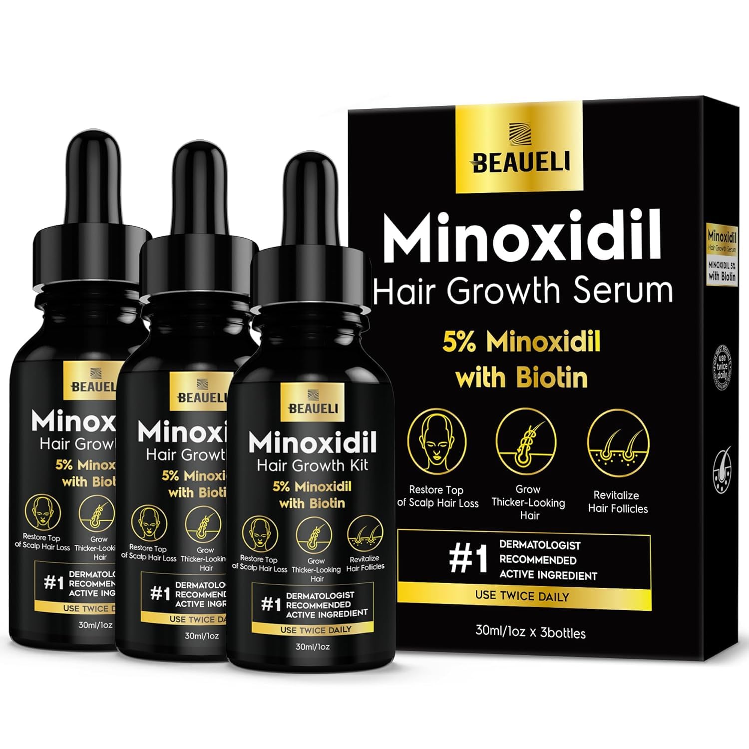 Beaueli minoxidil 5% foam unscented bottle for easy daily application.