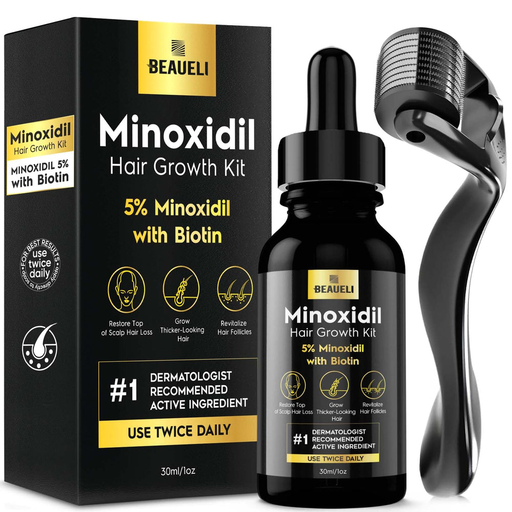 Beaueli Minoxidil 5% serum bottle for targeted beard growth support.