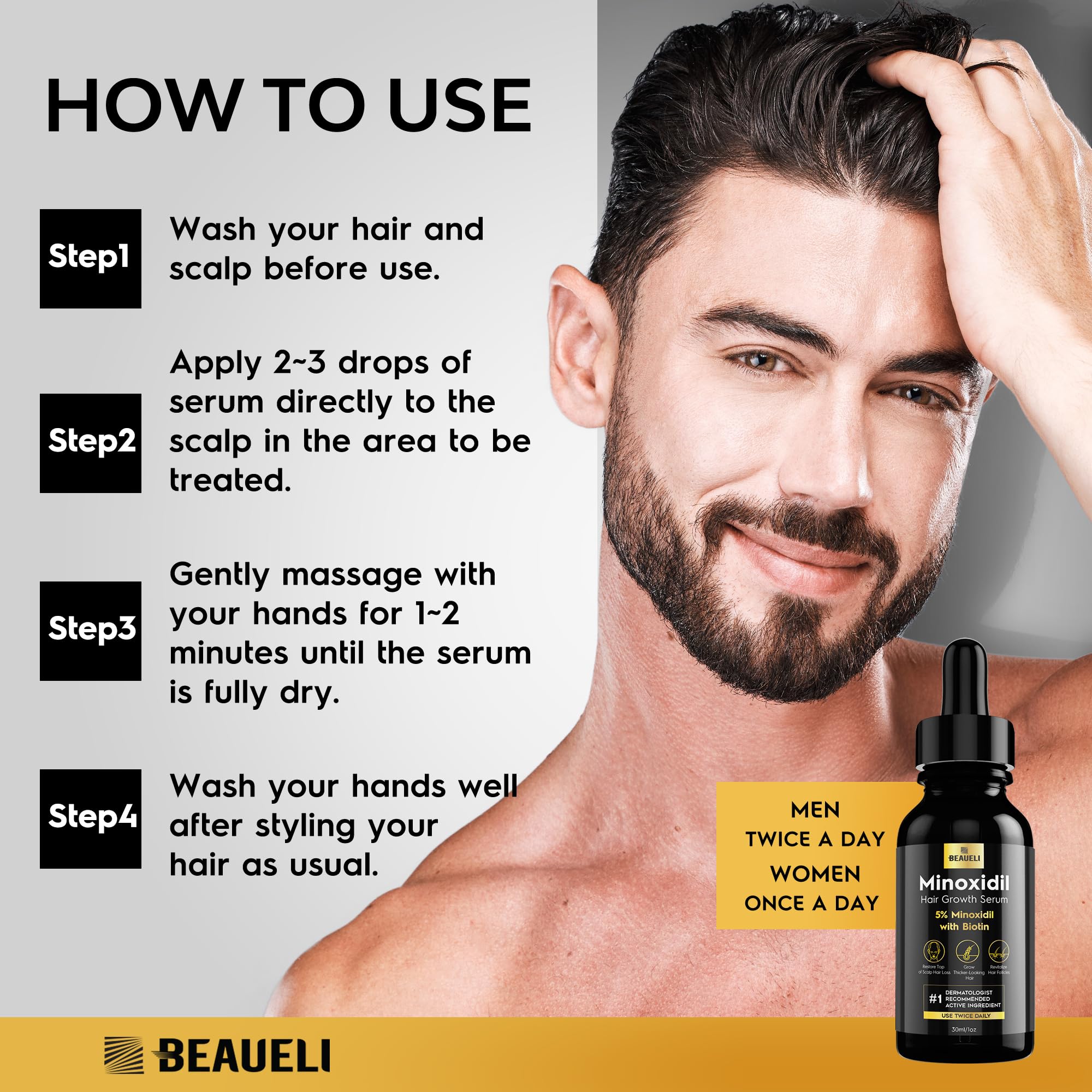 Aplicador cómodo Beaueli Minoxidil facilita la aplicación en cuero cabelludo.