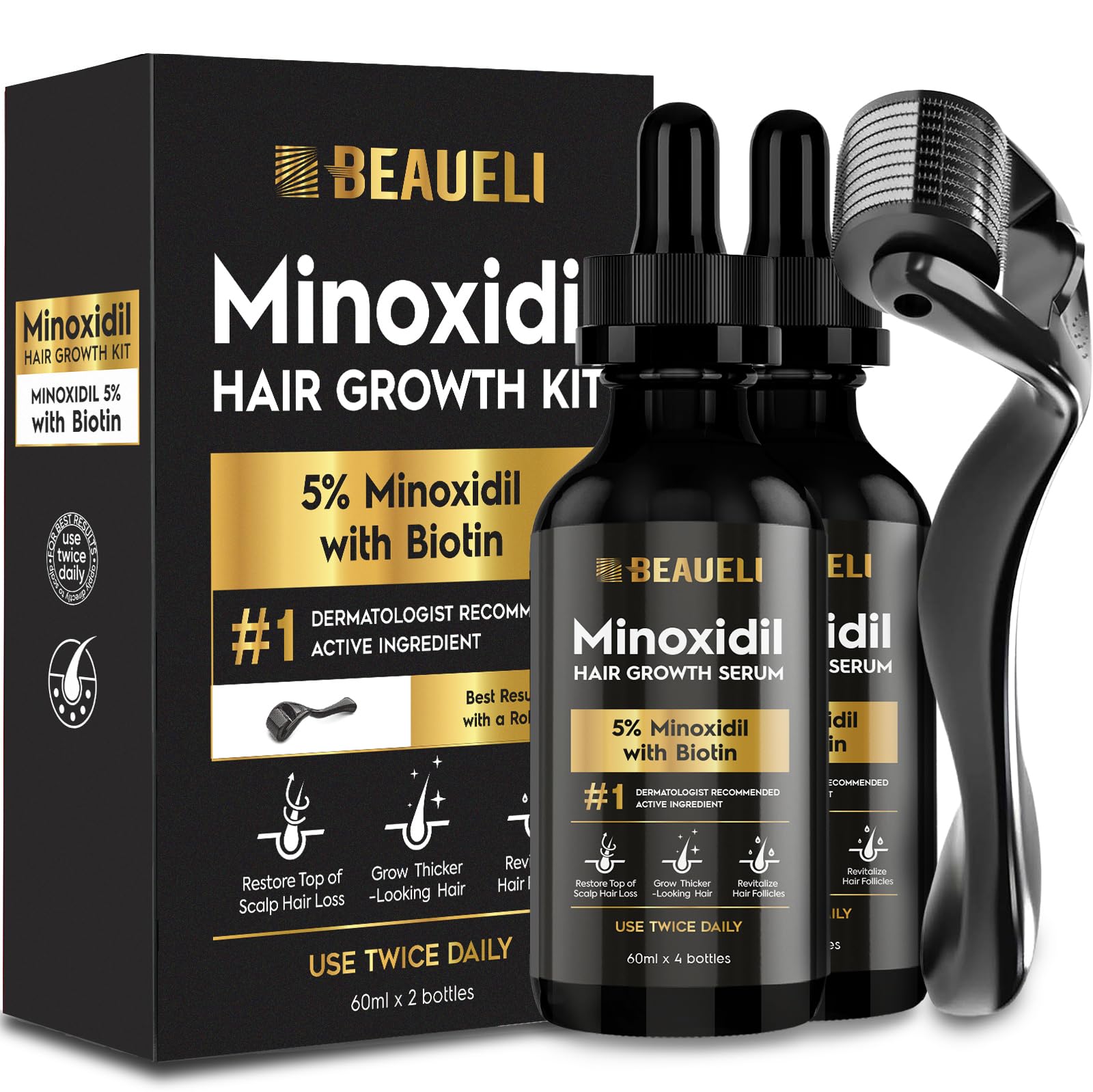 Beaueli Minoxidil beard growth kit bottle pour demonstrates precise dosing for easy use