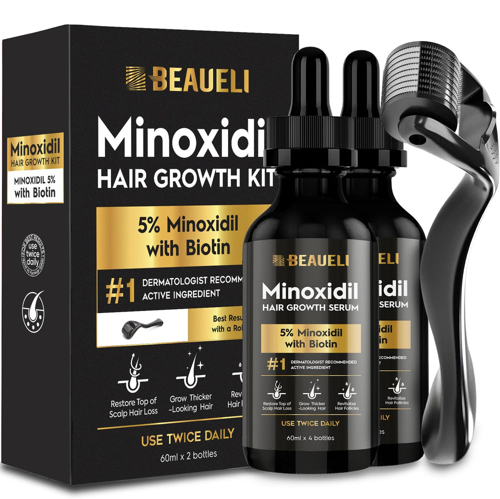 Beaueli Minoxidil beard growth kit bottle pour demonstrates precise dosing for easy use