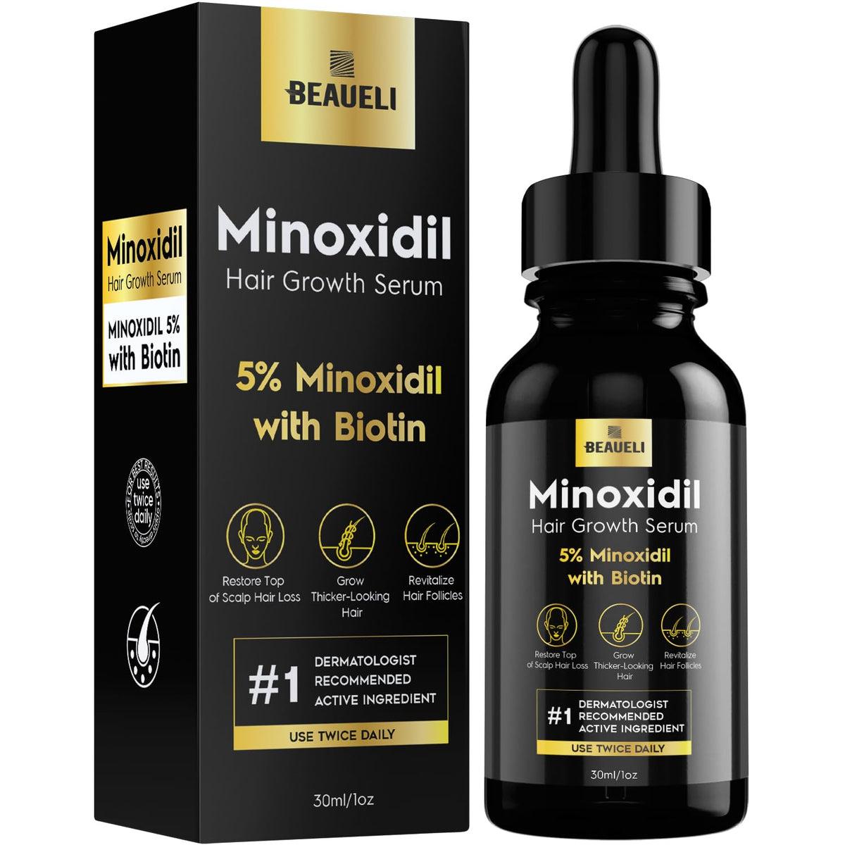 Beaueli Minoxidil espuma, aplicación diaria para cabello más grueso.