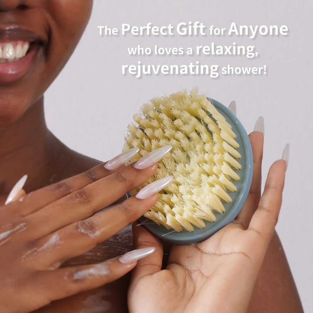 BEAUTAIL blue-gray pack includes two brushes for versatile shower exfoliation.