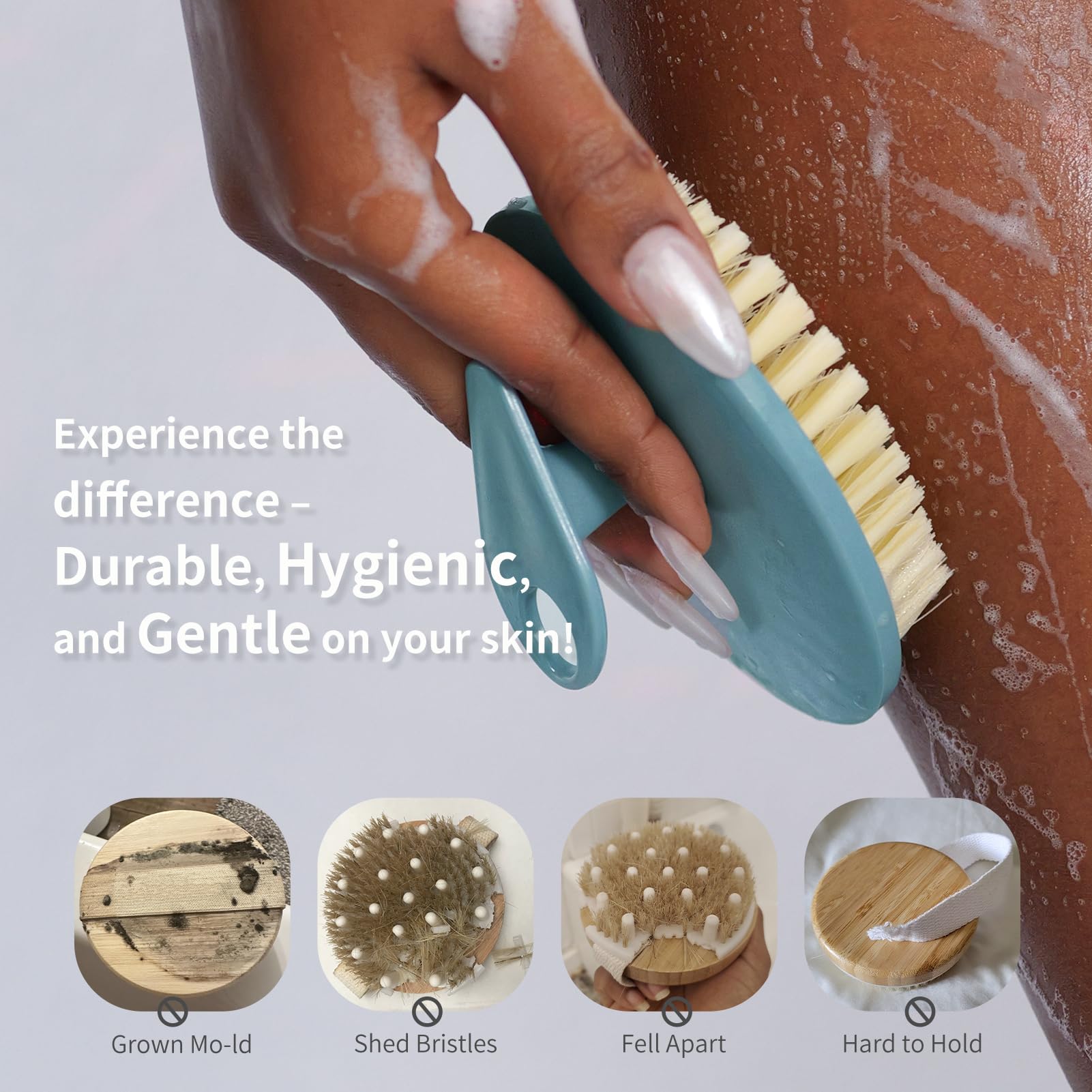 BEAUTAIL Body Scrubber shows its non-slip hand-clip for secure grip in wet conditions.