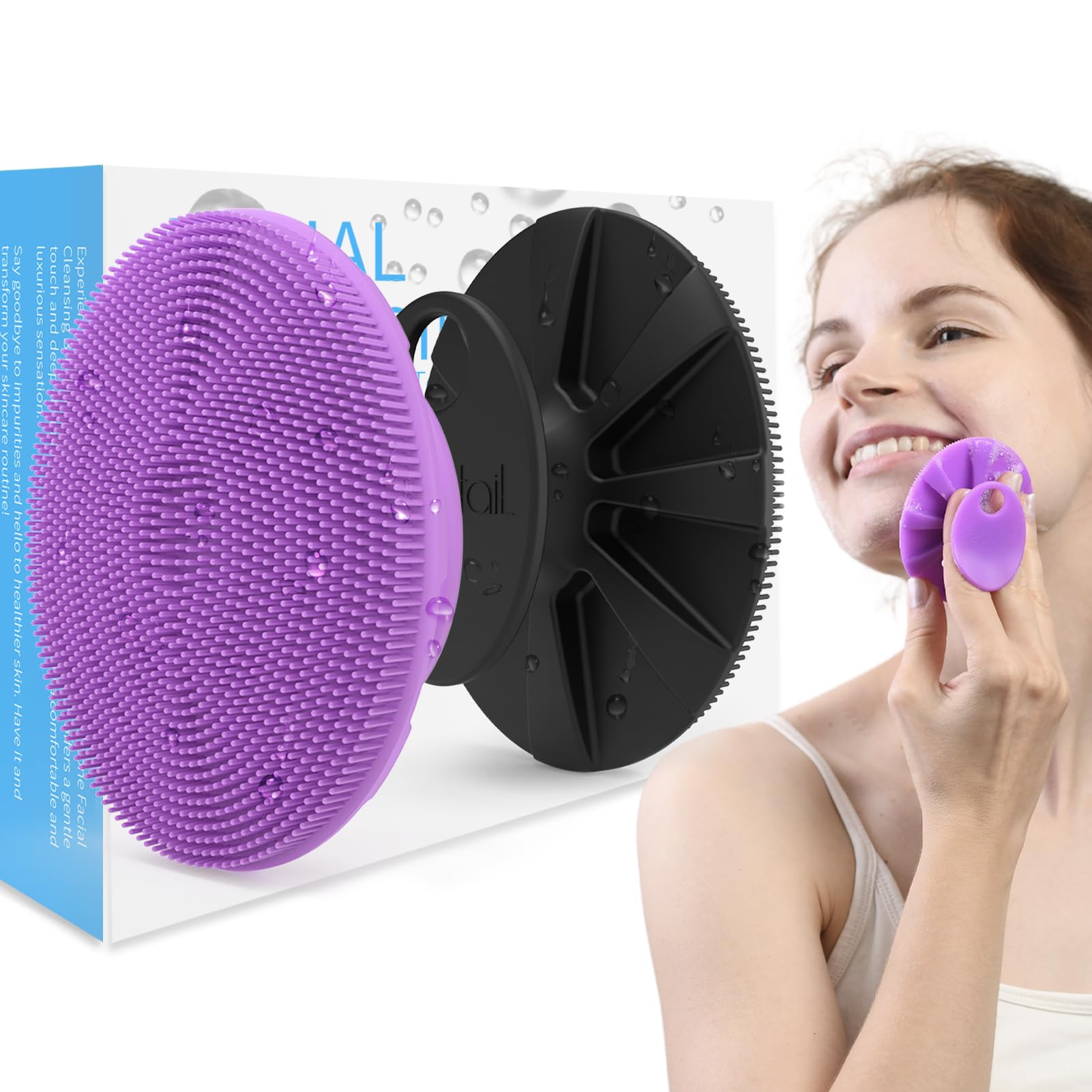 BEAUTAIL silicone face scrubber 2-pack in black and purple for gentle cleansing