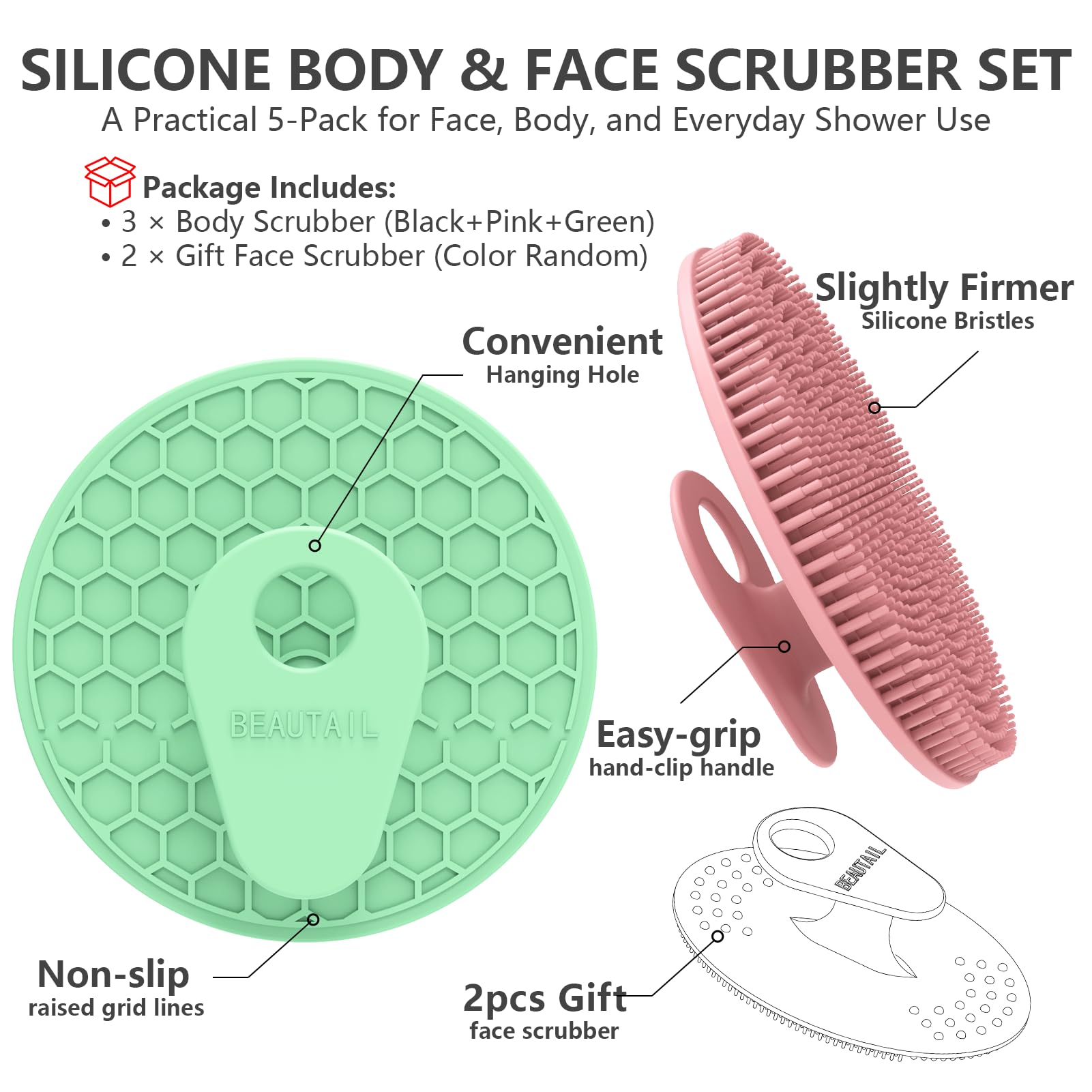 BEAUTAIL silicone scrubber with hanging hole for easy air-drying