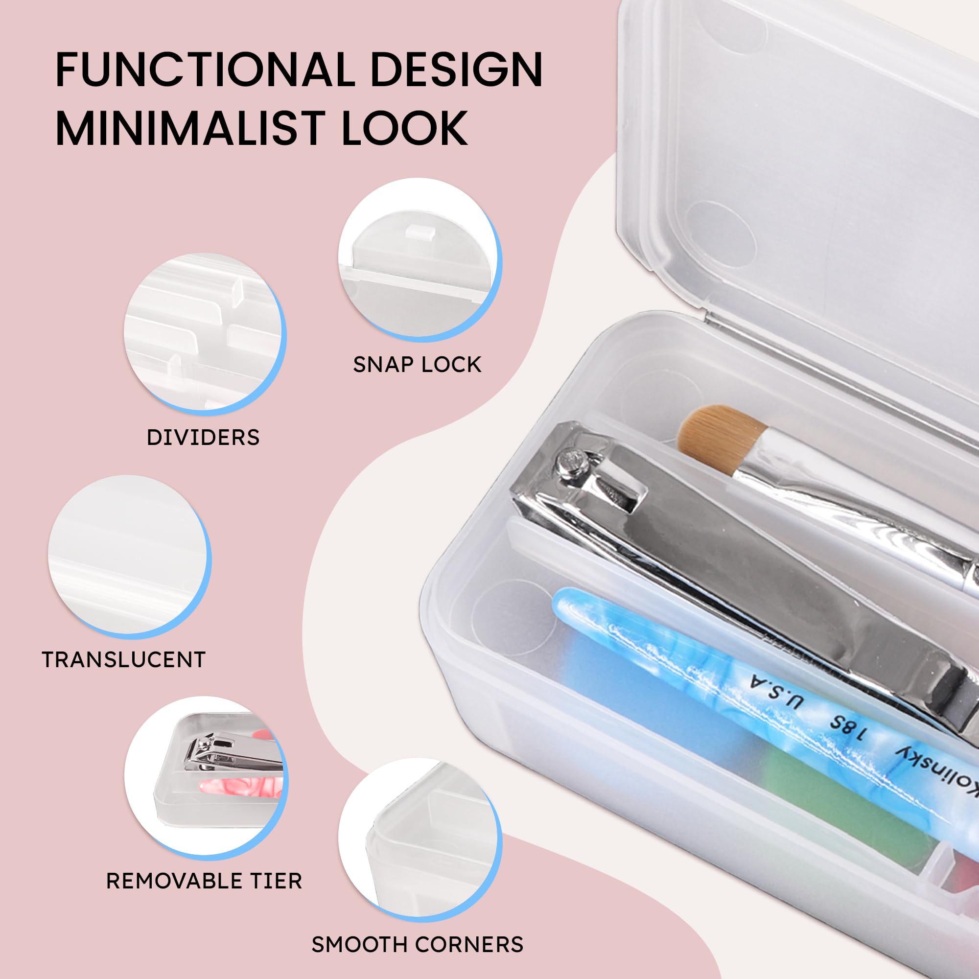 Beauticom dust-proof latch-down lid protects contents during travel.
