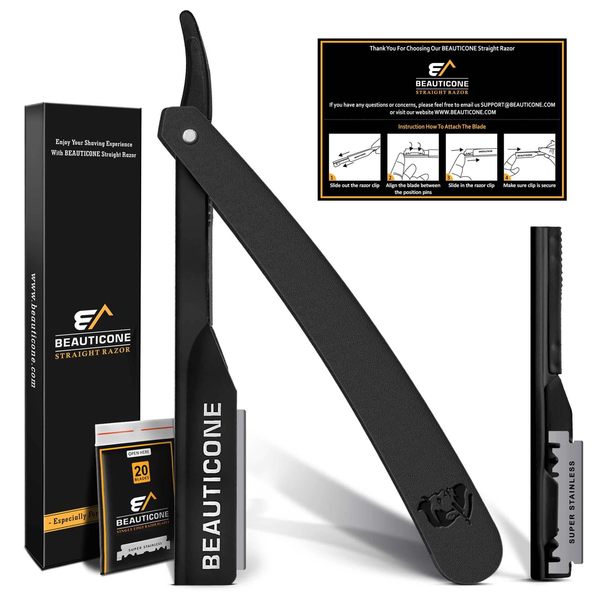 Beauticone straight razor marble black body for a precise, close shave.