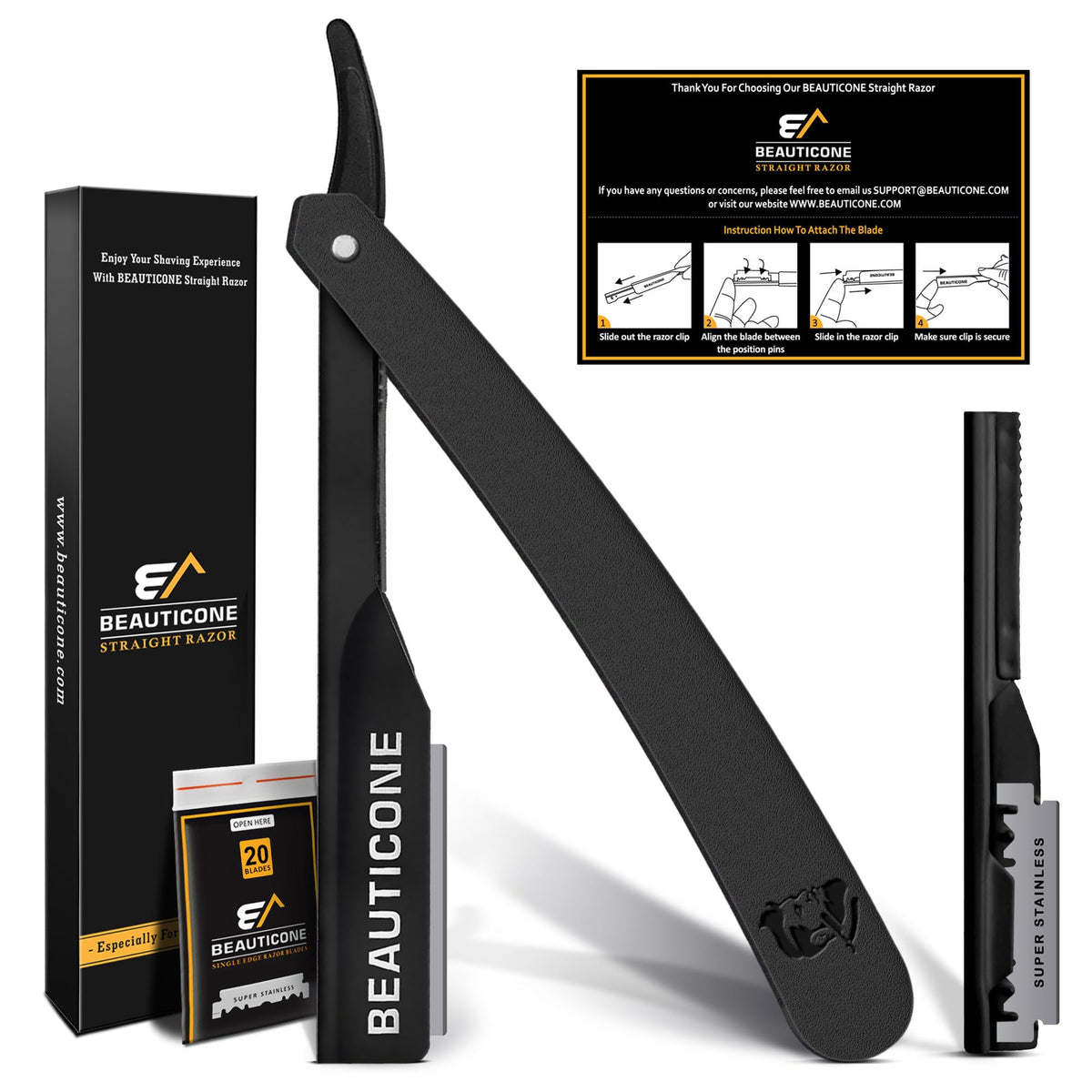 Beauticone straight razor marble black body for a precise, close shave.