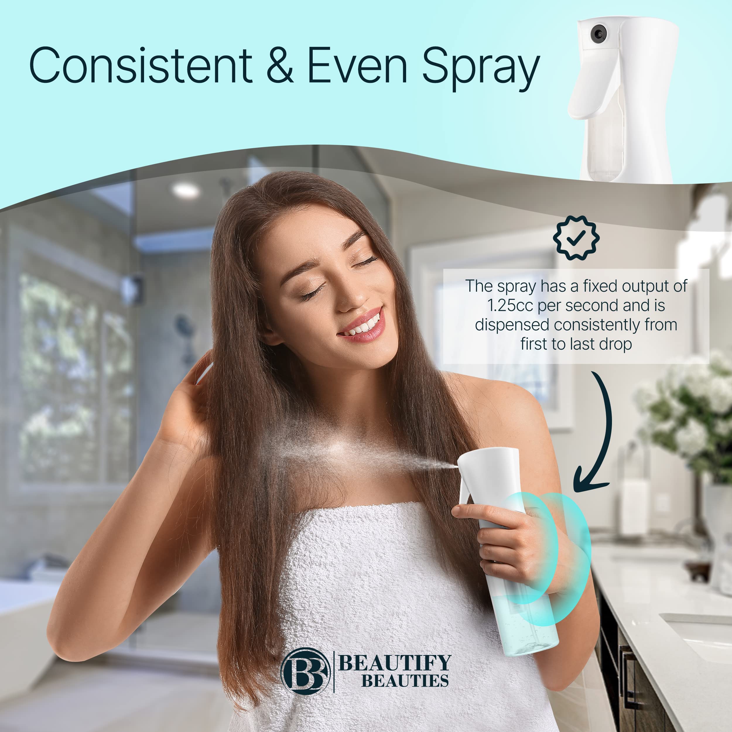 BeautifyBeauties spray bottle delivering continuous mist for smooth application