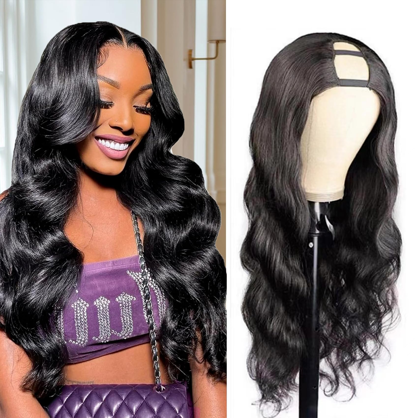 Beautkol U Part Wig body wave 18in for natural daily wear.
