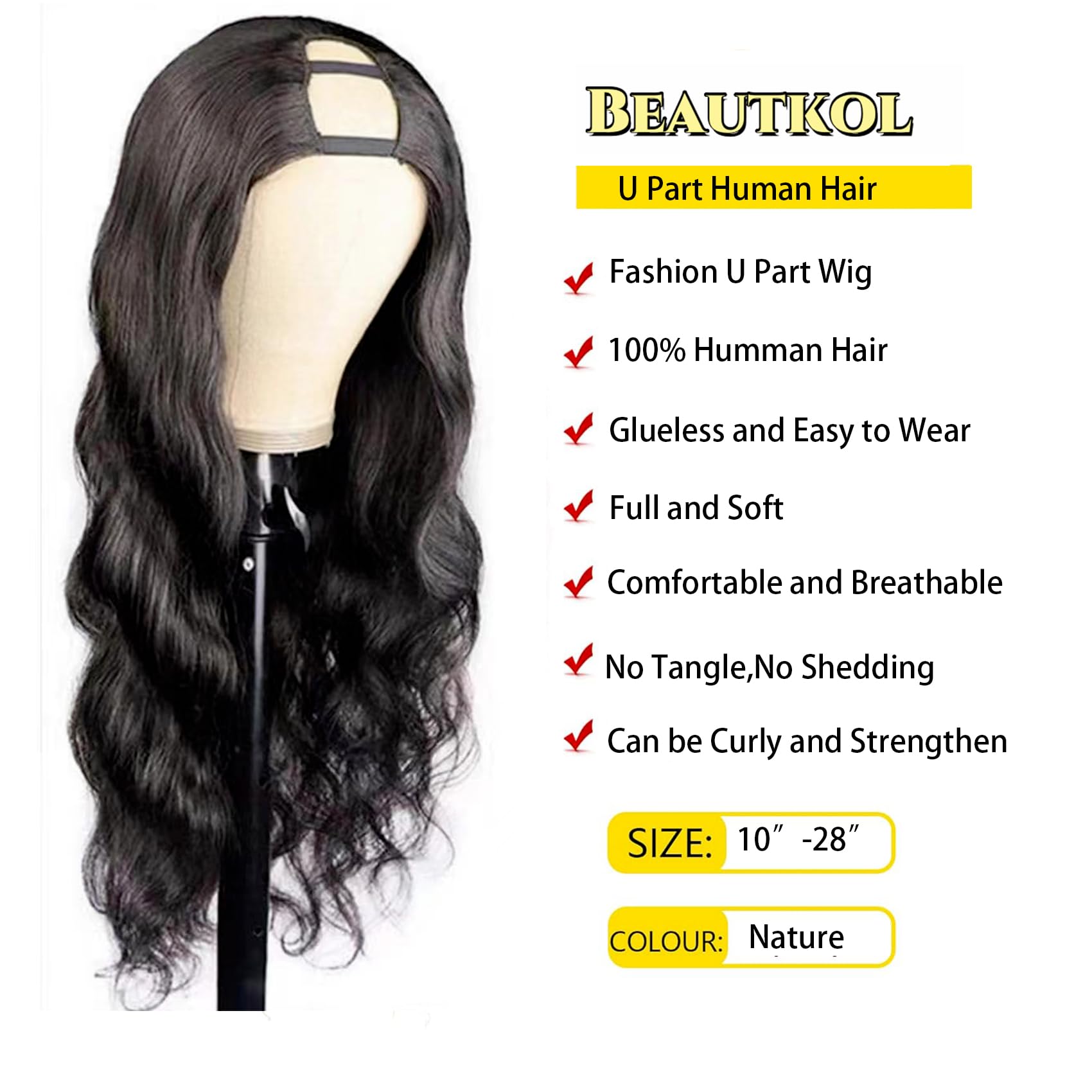 Beautkol U Part Wig glueless cap-top clip simplifies easy wear.