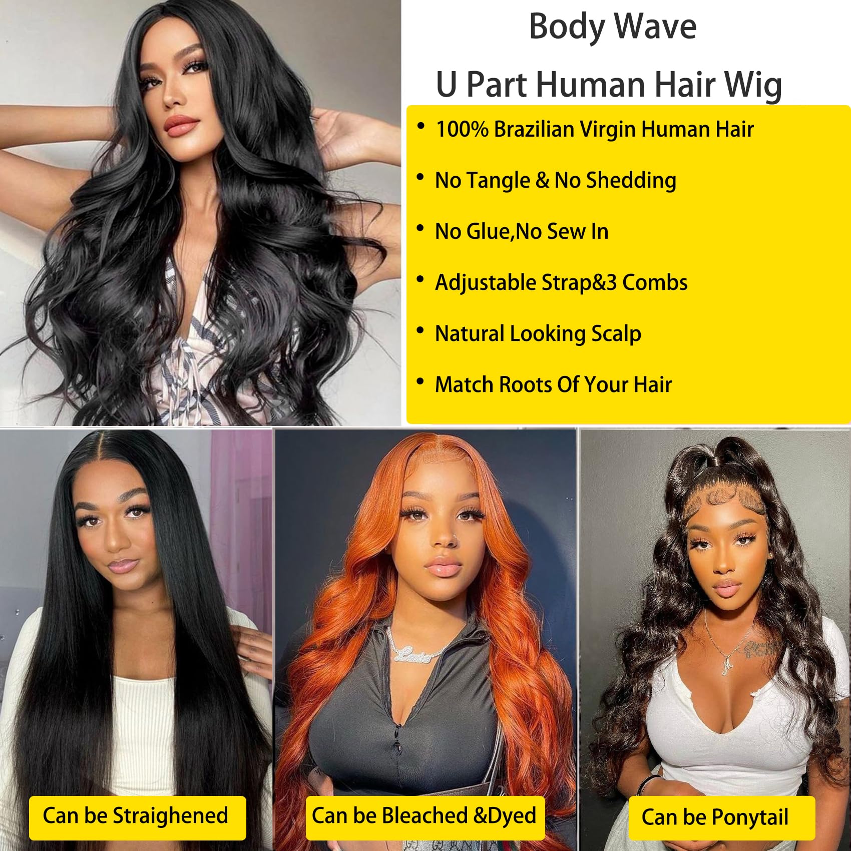 Beautkol U Part Wig three combs stabilize placement.
