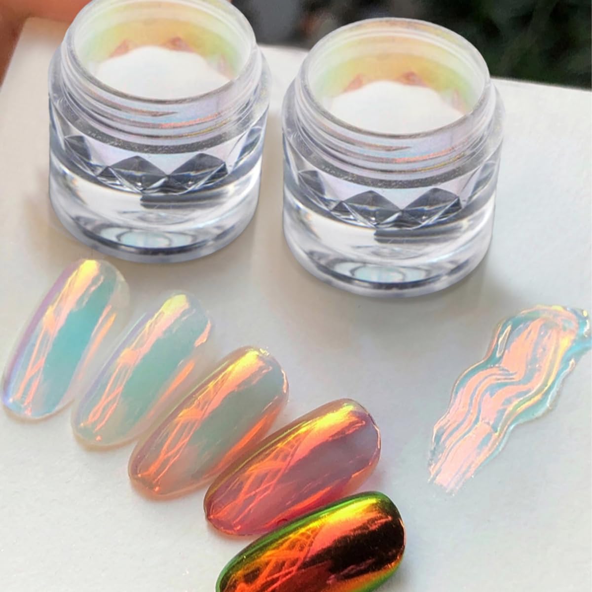 BEAUTNICE Chrome Nail Powder bottle close-up showing holographic color shift for salon finishes