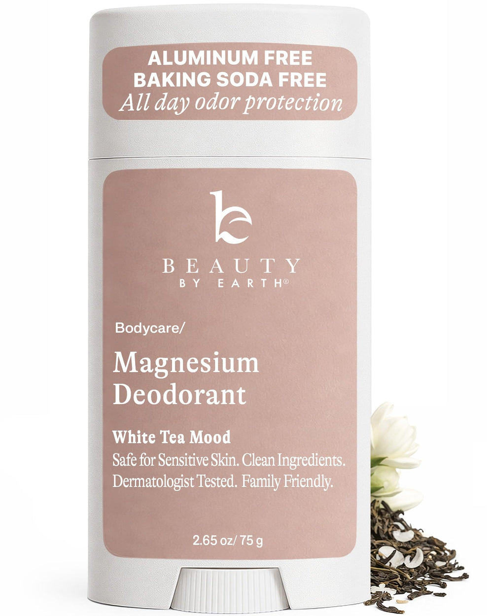 Beauty by Earth aluminum-free deodorant bottle showcasing USA-made formula.
