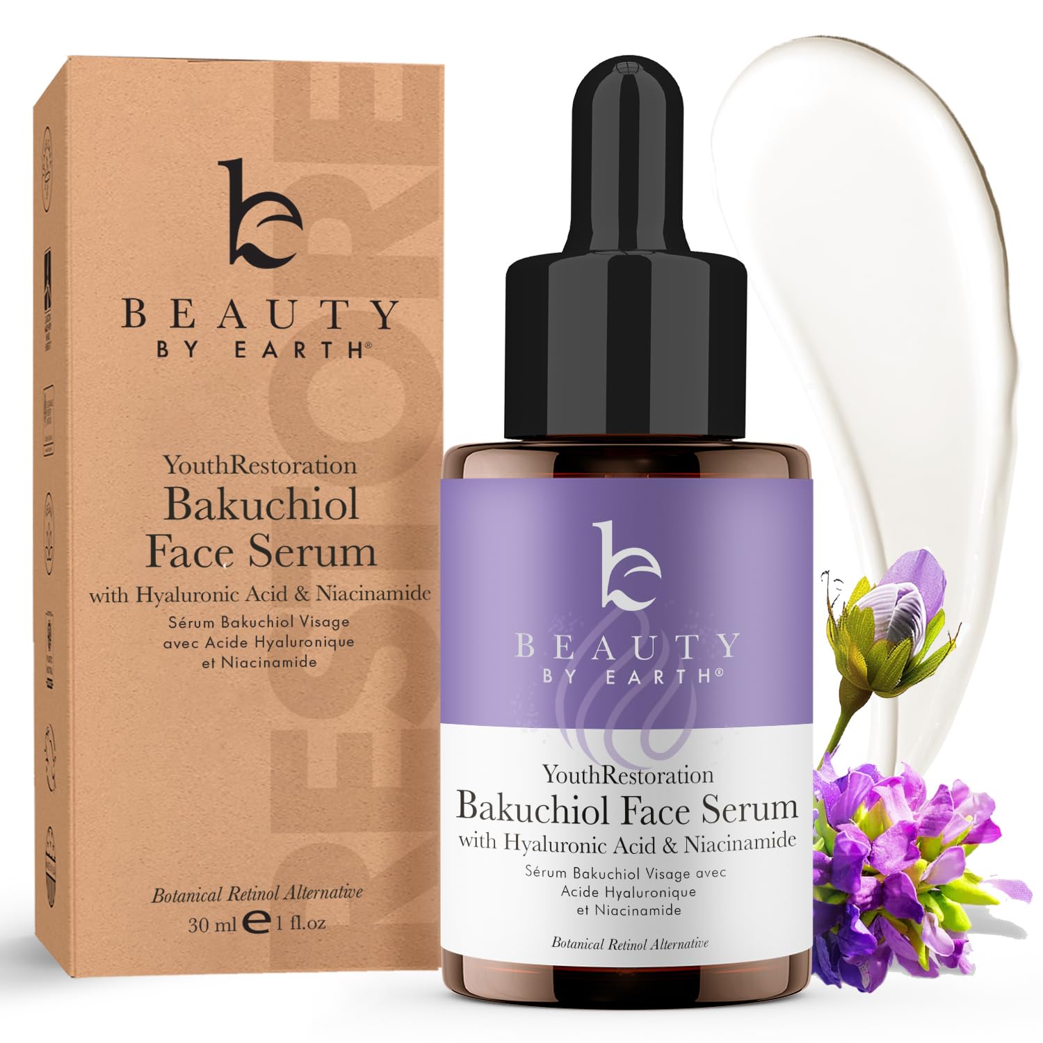 Beauty by Earth Bakuchiol Serum bottle close-up highlighting plant-based anti-aging
