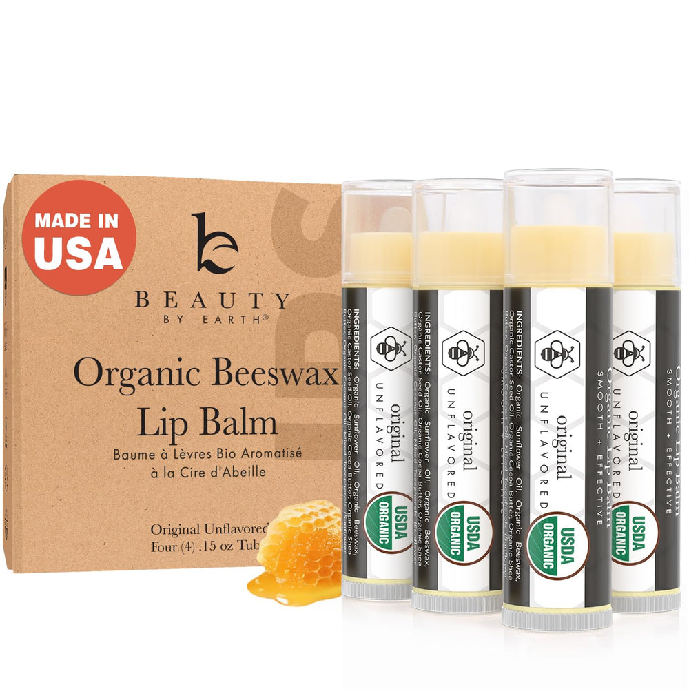 Beauty by Earth bálsamo labial orgánico, envase en EEUU, hidrata labios secos a lo largo del día.